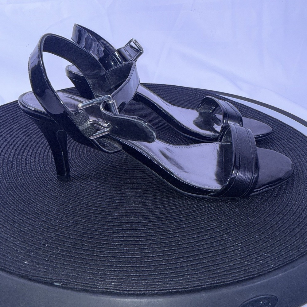 Ralph Lauren Open Toe Black Shiny Leather Ankle Strap Heels Size 7B